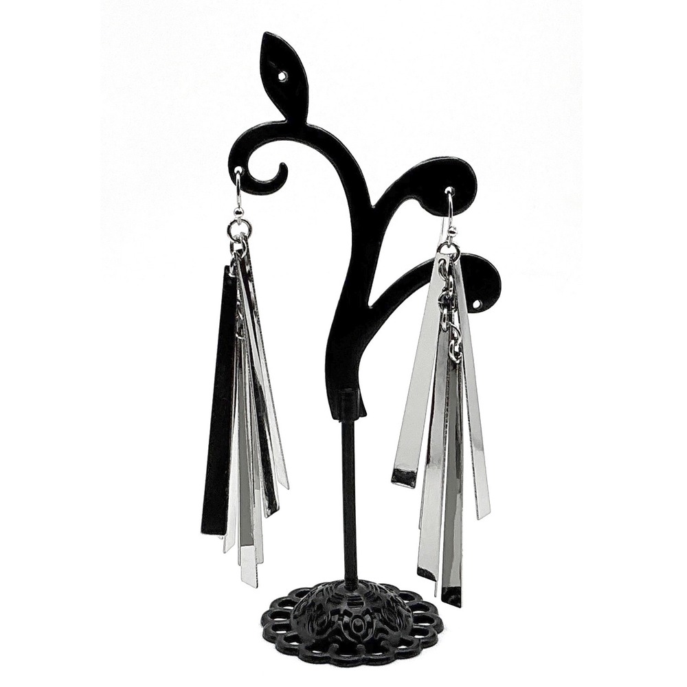 Black Silver Tone‎ Fringe Drop Earrings chain dangle Statement 2.75"